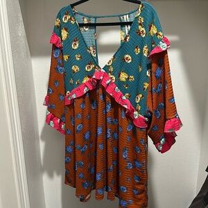 Anthropologie Teal and Brown Floral Mini Dress